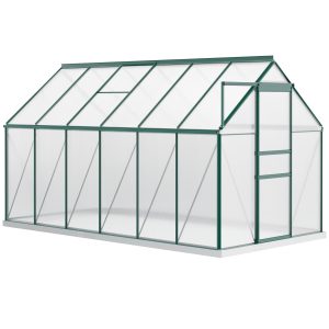 Outsunny 6' x 12' x 6.5' Polycarbonate Greenhouse, Walk-in Green House with Adjustable Roof Vent Galvanized Base Sliding Door Rain Gutter for Outdoor Garden Backyard, Green - Image 2