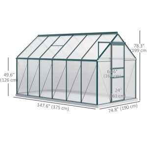 Outsunny 6' x 12' x 6.5' Polycarbonate Greenhouse, Walk-in Green House with Adjustable Roof Vent Galvanized Base Sliding Door Rain Gutter for Outdoor Garden Backyard, Green - Image 3