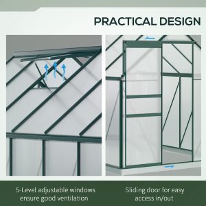 Outsunny 6' x 12' x 6.5' Polycarbonate Greenhouse, Walk-in Green House with Adjustable Roof Vent Galvanized Base Sliding Door Rain Gutter for Outdoor Garden Backyard, Green - Image 6