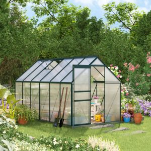 Outsunny 6' x 12' x 6.5' Polycarbonate Greenhouse, Walk-in Green House with Adjustable Roof Vent Galvanized Base Sliding Door Rain Gutter for Outdoor Garden Backyard, Green - Image 9