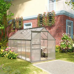 Outsunny 6' x 12' x 6.5' Walk-in Greenhouse, Polycarbonate Greenhouse with Adjustable Roof Vent, Base, Sliding Door, Clear - Image 1