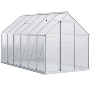 Outsunny 6' x 12' x 6.5' Walk-in Greenhouse, Polycarbonate Greenhouse with Adjustable Roof Vent, Base, Sliding Door, Clear - Image 11