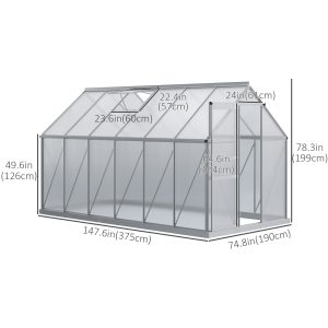 Outsunny 6' x 12' x 6.5' Walk-in Greenhouse, Polycarbonate Greenhouse with Adjustable Roof Vent, Base, Sliding Door, Clear - Image 3