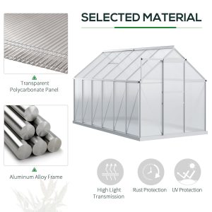 Outsunny 6' x 12' x 6.5' Walk-in Greenhouse, Polycarbonate Greenhouse with Adjustable Roof Vent, Base, Sliding Door, Clear - Image 4