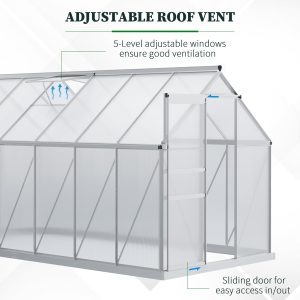 Outsunny 6' x 12' x 6.5' Walk-in Greenhouse, Polycarbonate Greenhouse with Adjustable Roof Vent, Base, Sliding Door, Clear - Image 5