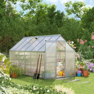 Outsunny 6' x 12' x 6.5' Walk-in Greenhouse, Polycarbonate Greenhouse with Adjustable Roof Vent, Base, Sliding Door, Clear - Image 8
