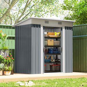 Outsunny 6' x 4' Outdoor Storage Shed, Metal Garden Shed with Lockable Sliding Doors and Vents, Grey - Image 1