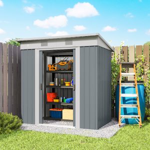 Outsunny 6' x 4' Outdoor Storage Shed, Metal Garden Shed with Lockable Sliding Doors and Vents, Grey - Image 10