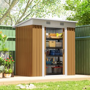 Outsunny 6' x 4' Outdoor Storage Shed, Metal Garden Shed with Lockable Sliding Doors and Vents, Yellow - Image 1