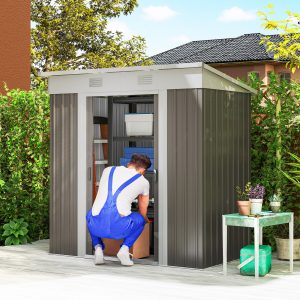 Outsunny 6' x 4' Outdoor Storage Shed, Metal Garden Tool Storage House Organizer with Lockable Sliding Doors and Vents for Backyard Patio Lawn, Light Grey - Image 1