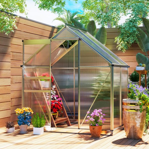 Outsunny 6' x 4' x 6.6' Walk-in Greenhouse, Polycarbonate Greenhouse with Adjustable Roof Vent, Base, Sliding Door, Clear - Image 1