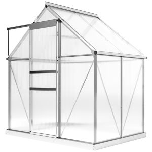 Outsunny 6' x 4' x 6.6' Walk-in Greenhouse, Polycarbonate Greenhouse with Adjustable Roof Vent, Base, Sliding Door, Clear - Image 11