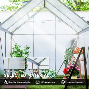 Outsunny 6' x 4' x 6.6' Walk-in Greenhouse, Polycarbonate Greenhouse with Adjustable Roof Vent, Base, Sliding Door, Clear - Image 4