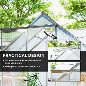 Outsunny 6' x 4' x 6.6' Walk-in Greenhouse, Polycarbonate Greenhouse with Adjustable Roof Vent, Base, Sliding Door, Clear - Image 5