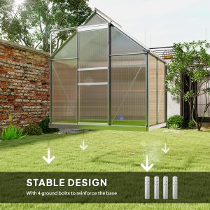 Outsunny 6' x 4' x 6.6' Walk-in Greenhouse, Polycarbonate Greenhouse with Adjustable Roof Vent, Base, Sliding Door, Clear - Image 6