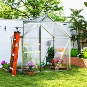 Outsunny 6' x 4' x 6.6' Walk-in Greenhouse, Polycarbonate Greenhouse with Adjustable Roof Vent, Base, Sliding Door, Clear - Image 8