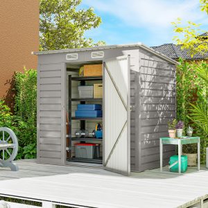 Outsunny 6 x 4FT Galvanized Garden Storage Shed, Metal Outdoor Shed with Double Doors and 2 Vents, Light Grey - Image 1