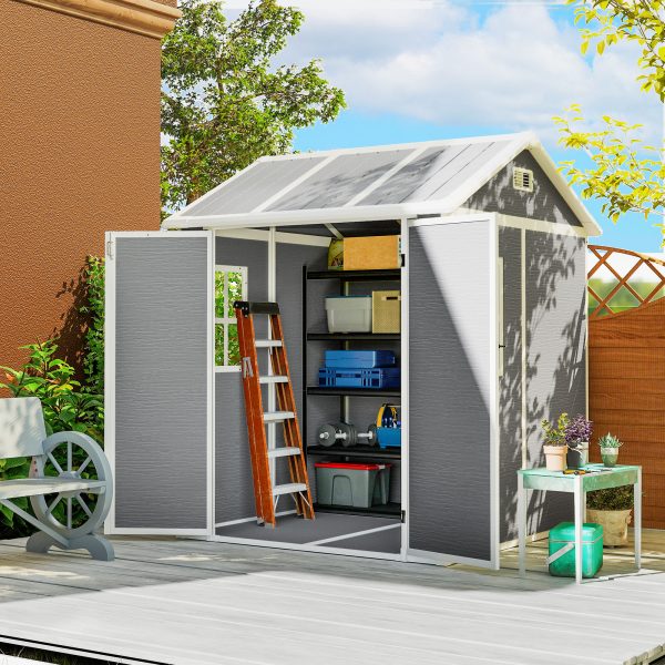Outsunny 6' x 6' Resin Outdoor Storage Shed with Floor, Window, Lockable Doors and Vents for Backyard Patio Lawn, Grey - Image 1
