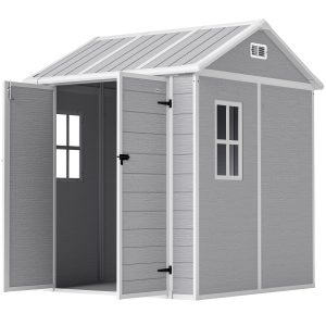 Outsunny 6' x 6' Resin Outdoor Storage Shed with Floor, Window, Lockable Doors and Vents for Backyard Patio Lawn, Grey - Image 10