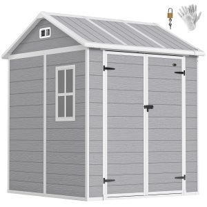 Outsunny 6' x 6' Resin Outdoor Storage Shed with Floor, Window, Lockable Doors and Vents for Backyard Patio Lawn, Grey - Image 19