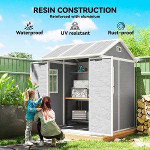 Outsunny 6' x 6' Resin Outdoor Storage Shed with Floor, Window, Lockable Doors and Vents for Backyard Patio Lawn, Grey - Image 13