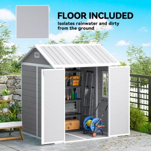 Outsunny 6' x 6' Resin Outdoor Storage Shed with Floor, Window, Lockable Doors and Vents for Backyard Patio Lawn, Grey - Image 14