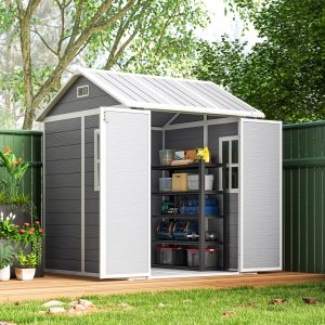 Outsunny 6' x 6' Resin Outdoor Storage Shed with Floor, Window, Lockable Doors and Vents for Backyard Patio Lawn, Grey - Image 18