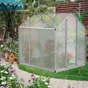 Outsunny 6' x 6' x 6.4' Walk-in Garden Greenhouse Polycarbonate Panels Plants Flower Growth Shed Cold Frame Outdoor Portable Warm House - Image 10