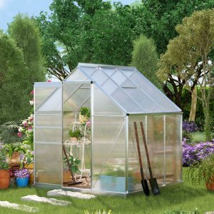 Outsunny 6' x 6' x 6.5' Polycarbonate Greenhouse, Walk-in Green House with Adjustable Roof Vent, Galvanized Base, Sliding Door and Rain Gutter for Outdoor, Garden, Backyard, Clear - Image 1