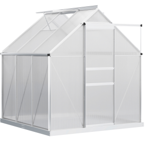 Outsunny 6' x 6' x 6.5' Polycarbonate Greenhouse, Walk-in Green House with Adjustable Roof Vent, Galvanized Base, Sliding Door and Rain Gutter for Outdoor, Garden, Backyard, Clear - Image 2