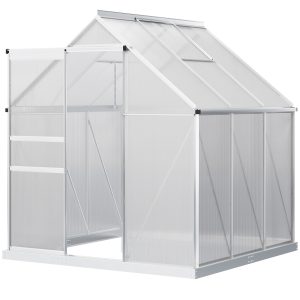 Outsunny 6' x 6' x 6.5' Polycarbonate Greenhouse, Walk-in Green House with Adjustable Roof Vent, Galvanized Base, Sliding Door and Rain Gutter for Outdoor, Garden, Backyard, Clear - Image 11