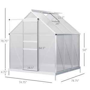 Outsunny 6' x 6' x 6.5' Polycarbonate Greenhouse, Walk-in Green House with Adjustable Roof Vent, Galvanized Base, Sliding Door and Rain Gutter for Outdoor, Garden, Backyard, Clear - Image 3