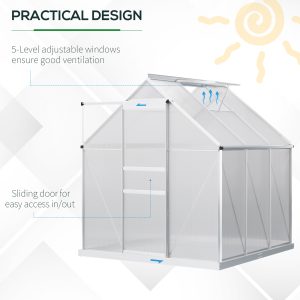 Outsunny 6' x 6' x 6.5' Polycarbonate Greenhouse, Walk-in Green House with Adjustable Roof Vent, Galvanized Base, Sliding Door and Rain Gutter for Outdoor, Garden, Backyard, Clear - Image 5