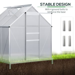 Outsunny 6' x 6' x 6.5' Polycarbonate Greenhouse, Walk-in Green House with Adjustable Roof Vent, Galvanized Base, Sliding Door and Rain Gutter for Outdoor, Garden, Backyard, Clear - Image 6