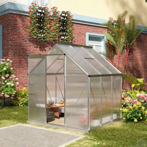 Outsunny 6' x 6' x 6.5' Polycarbonate Greenhouse, Walk-in Green House with Adjustable Roof Vent, Galvanized Base, Sliding Door and Rain Gutter for Outdoor, Garden, Backyard, Clear - Image 10