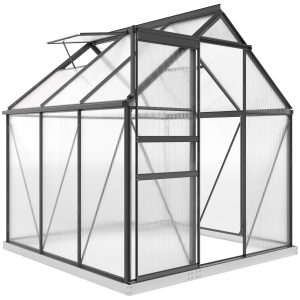 Outsunny 6' x 6' x 6.5' Polycarbonate Greenhouse, Walk-in Green House with Adjustable Roof Vent Galvanized Base Sliding Door Rain Gutter for Outdoor Garden Backyard, Grey - Image 12