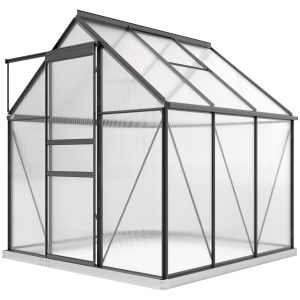Outsunny 6' x 6' x 6.5' Polycarbonate Greenhouse, Walk-in Green House with Adjustable Roof Vent Galvanized Base Sliding Door Rain Gutter for Outdoor Garden Backyard, Grey - Image 21