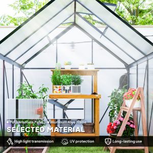 Outsunny 6' x 6' x 6.5' Polycarbonate Greenhouse, Walk-in Green House with Adjustable Roof Vent Galvanized Base Sliding Door Rain Gutter for Outdoor Garden Backyard, Grey - Image 14