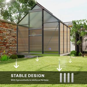 Outsunny 6' x 6' x 6.5' Polycarbonate Greenhouse, Walk-in Green House with Adjustable Roof Vent Galvanized Base Sliding Door Rain Gutter for Outdoor Garden Backyard, Grey - Image 16