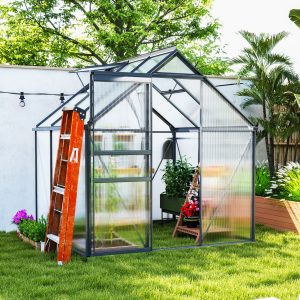 Outsunny 6' x 6' x 6.5' Polycarbonate Greenhouse, Walk-in Green House with Adjustable Roof Vent Galvanized Base Sliding Door Rain Gutter for Outdoor Garden Backyard, Grey - Image 18