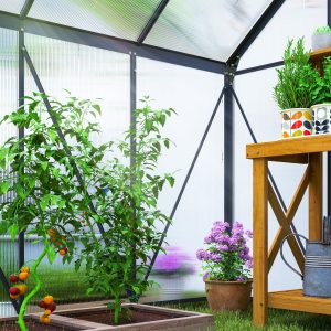 Outsunny 6' x 6' x 6.5' Polycarbonate Greenhouse, Walk-in Green House with Adjustable Roof Vent Galvanized Base Sliding Door Rain Gutter for Outdoor Garden Backyard, Grey - Image 20