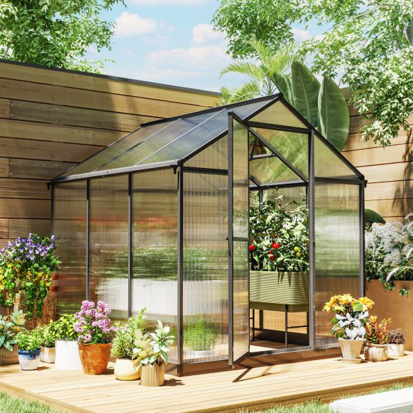 Outsunny 6' x 8' x 6.4' Polycarbonate Greenhouse, Aluminum Walk-In Green House Kit Garden, Plants Grow with Rain Gutter and Roof Vent, Charcoal Grey - Image 1