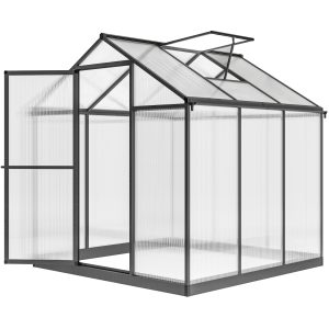 Outsunny 6' x 8' x 6.4' Polycarbonate Greenhouse, Aluminum Walk-In Green House Kit Garden, Plants Grow with Rain Gutter and Roof Vent, Charcoal Grey - Image 13