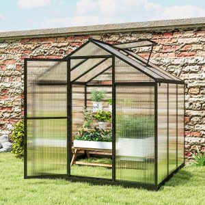Outsunny 6' x 8' x 6.4' Polycarbonate Greenhouse, Aluminum Walk-In Green House Kit Garden, Plants Grow with Rain Gutter and Roof Vent, Charcoal Grey - Image 15