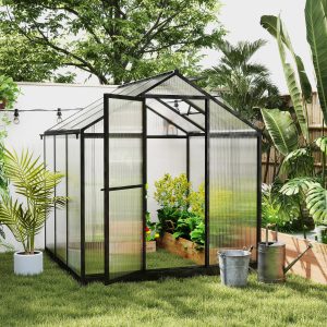Outsunny 6' x 8' x 6.4' Polycarbonate Greenhouse, Aluminum Walk-In Green House Kit Garden, Plants Grow with Rain Gutter and Roof Vent, Charcoal Grey - Image 21