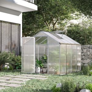 Outsunny 6' x 8' x 6.4' Polycarbonate Greenhouse, Aluminum Walk-In Green House Kit Garden, Plants Grow with Rain Gutter and Roof Vent, Silver - Image 1