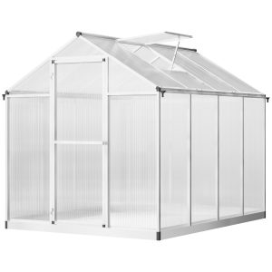 Outsunny 6' x 8' x 6.4' Polycarbonate Greenhouse, Aluminum Walk-In Green House Kit Garden, Plants Grow with Rain Gutter and Roof Vent, Silver - Image 2
