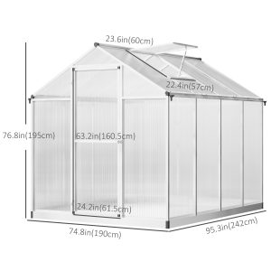 Outsunny 6' x 8' x 6.4' Polycarbonate Greenhouse, Aluminum Walk-In Green House Kit Garden, Plants Grow with Rain Gutter and Roof Vent, Silver - Image 3