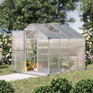 Outsunny 6' x 8' x 6.4' Polycarbonate Greenhouse, Aluminum Walk-In Green House Kit Garden, Plants Grow with Rain Gutter and Roof Vent, Silver - Image 8
