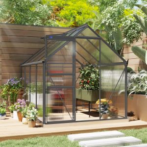 Outsunny 6' x 8' x 6.5' Polycarbonate Greenhouse, Walk-in Green House with Adjustable Roof Vent Galvanized Base Sliding Door Rain Gutter for Outdoor Garden Backyard, Charcoal Grey - Image 1